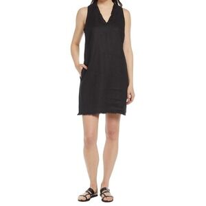 Tommy Bahama Two Palms Linen Ruffle V Neck Short Dress Black XS Sleeveless